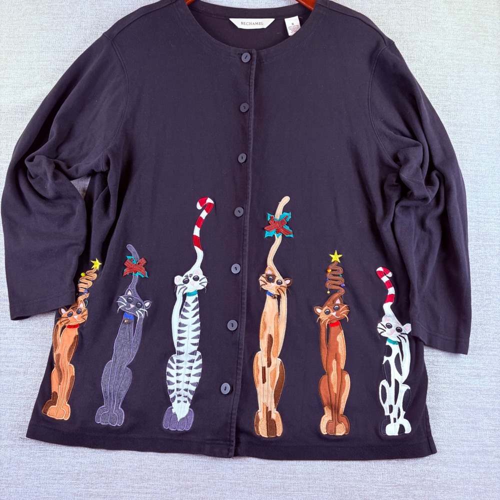 Vintage 80s Black Christmas Cat Cardigan Sweater Women's XL Grandmacore Kitschty